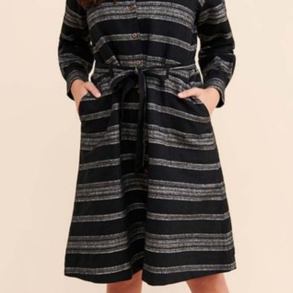 Black & White Stripe Autumn Tie-Waist Shirt Dress - Women by People Tree NWOT - Picture 3 of 6